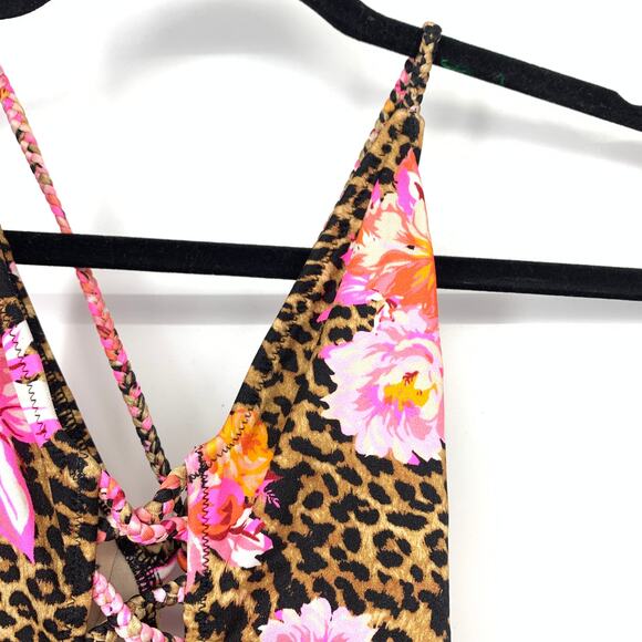 Victorias Secret One Piece Swimsuit Lace Up Front Womens M Leopard Floral Print - Picture 3 of 5